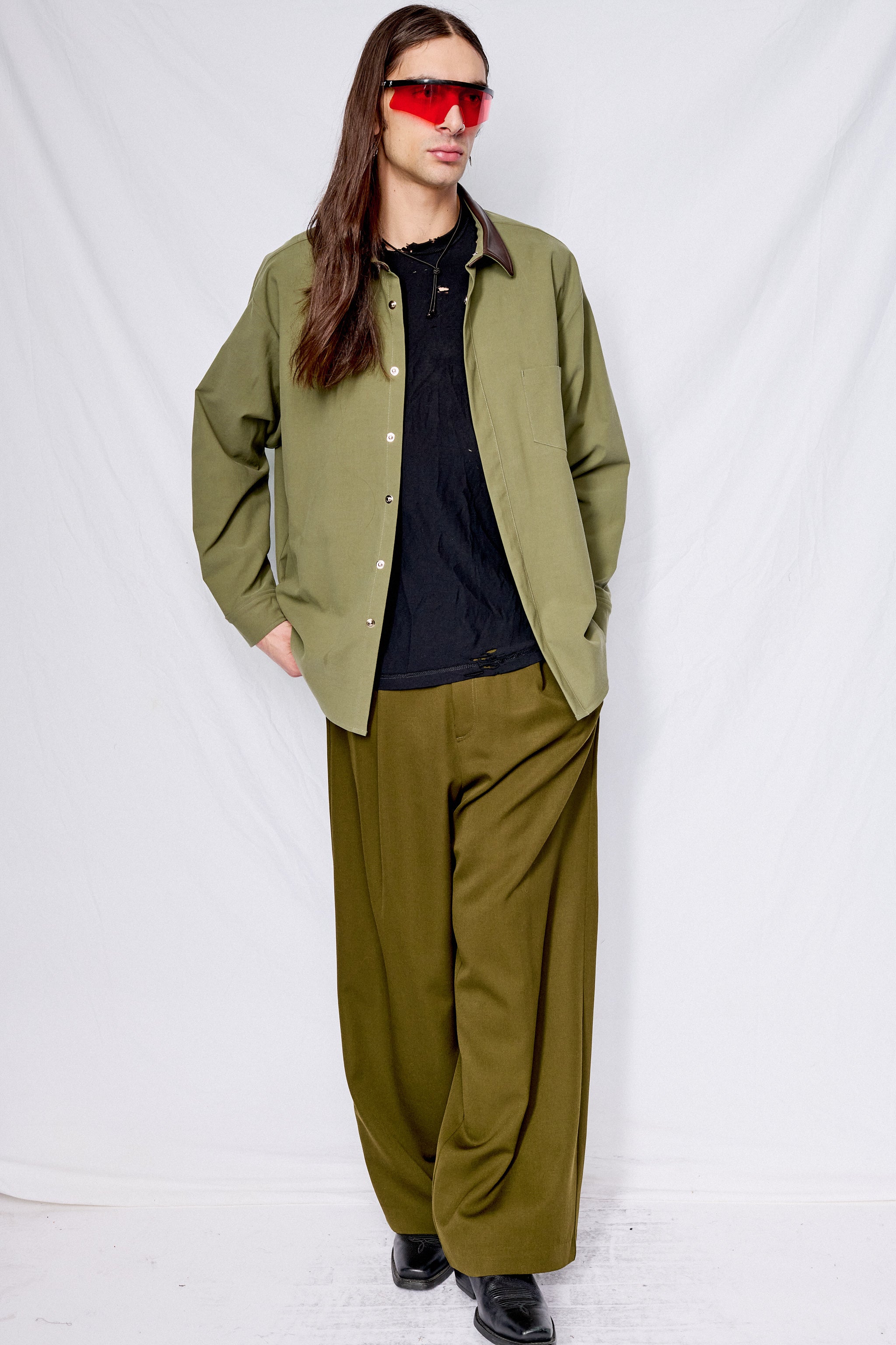 Army Green Twill Two Tone Loose Snap Shirt