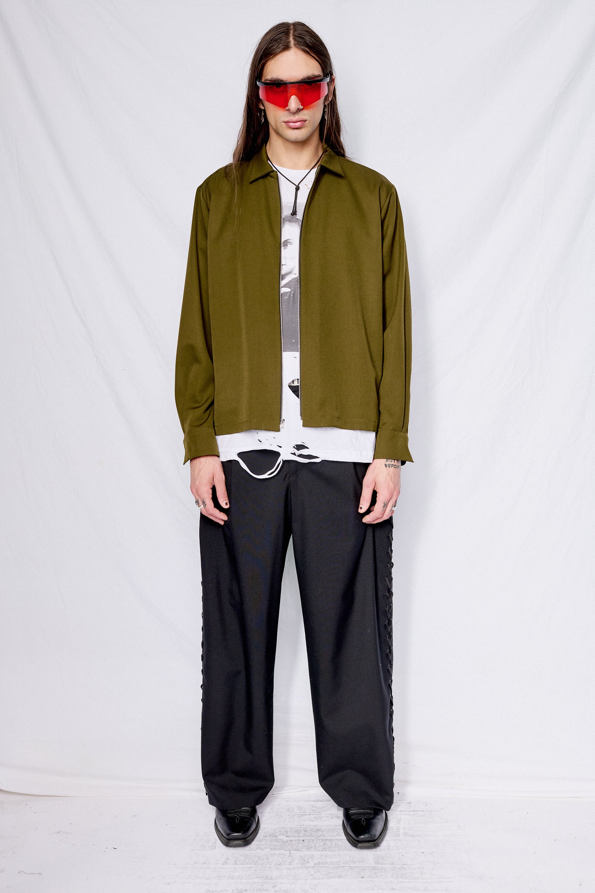 Dark Green Suiting Long Sleeve Zip Camp Shirt