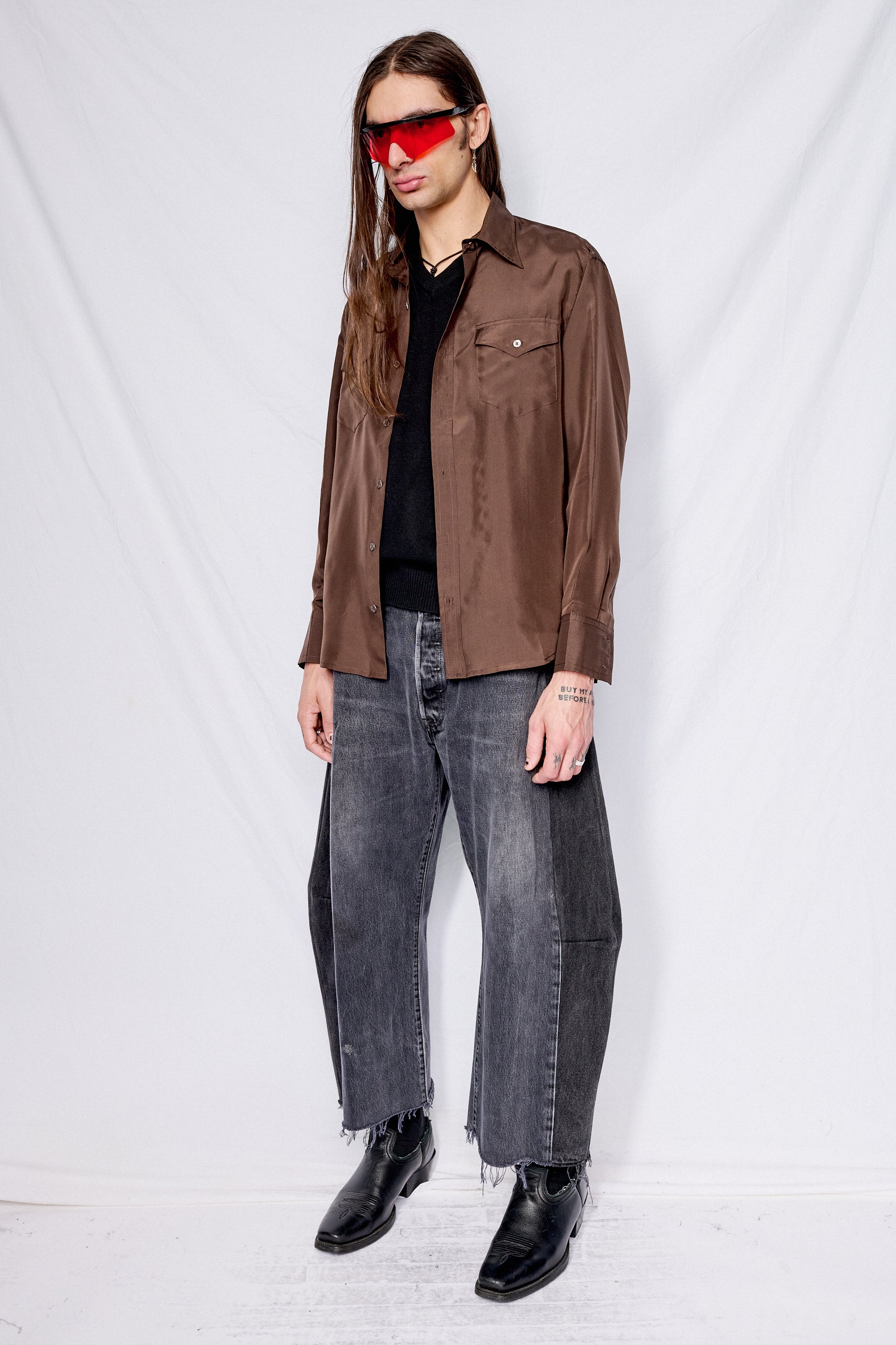 Dark Brown Silk Double Pocket Shirt