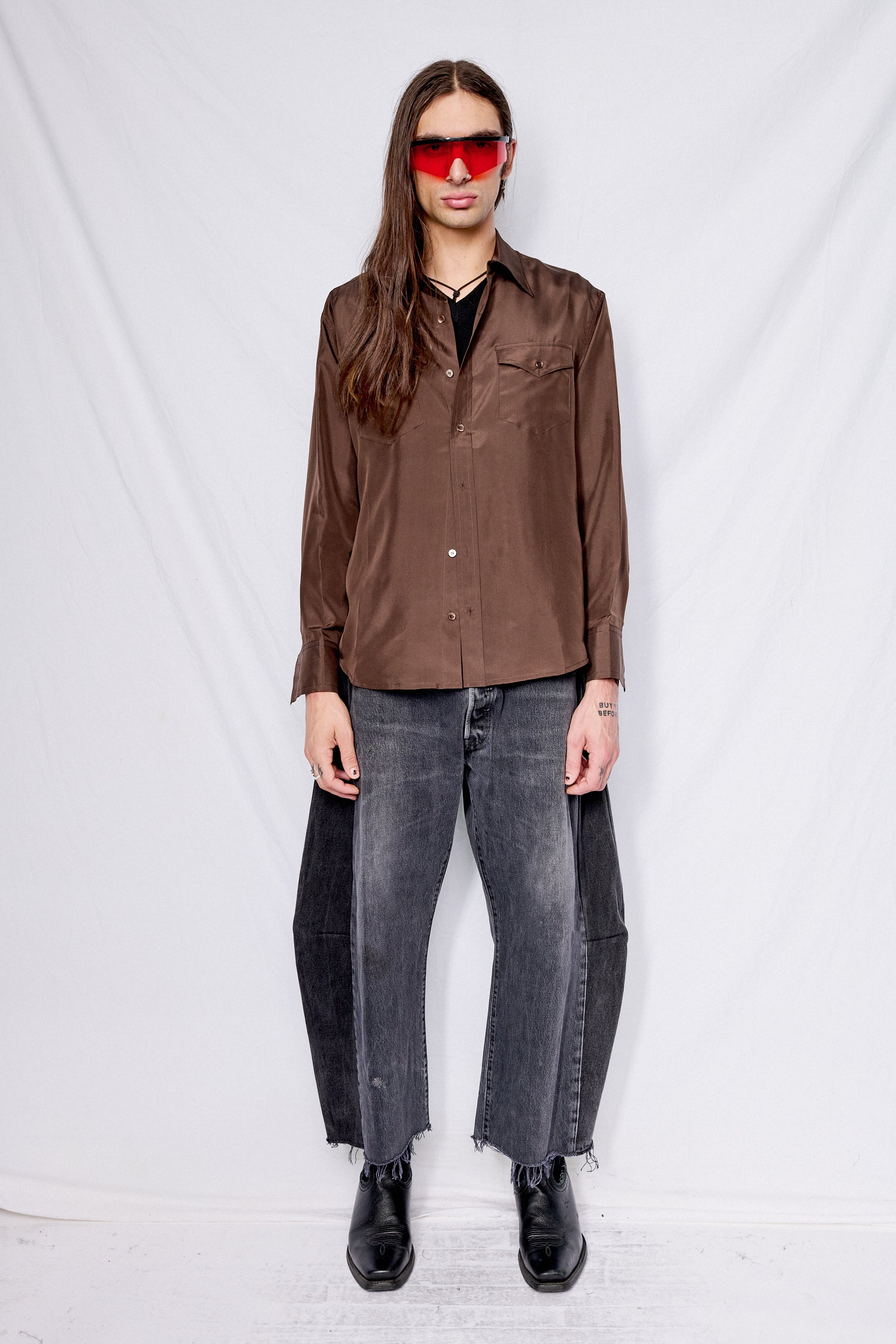 Dark Brown Silk Double Pocket Shirt