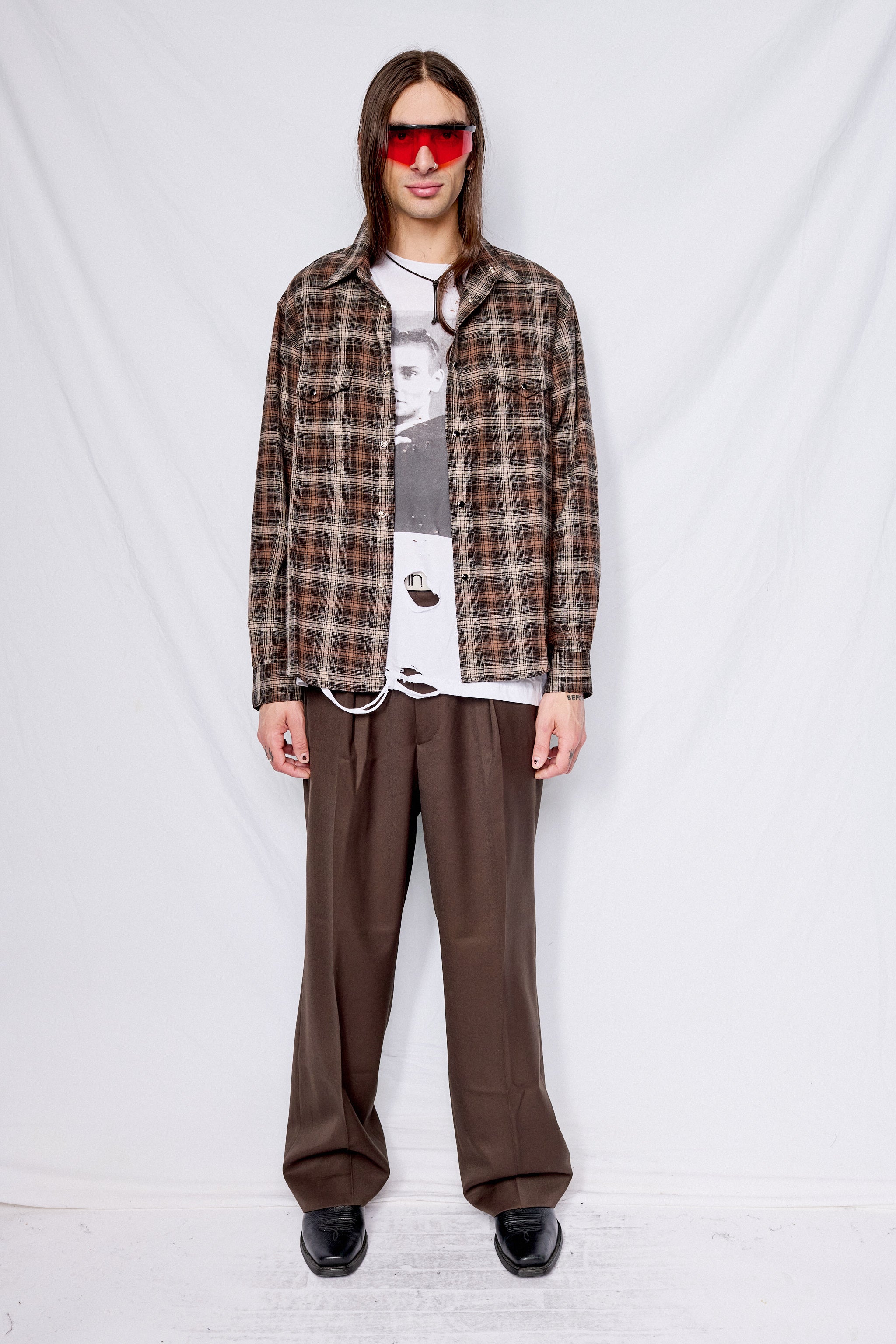 Brown Brushed Cotton Double Pocket Check Shirt