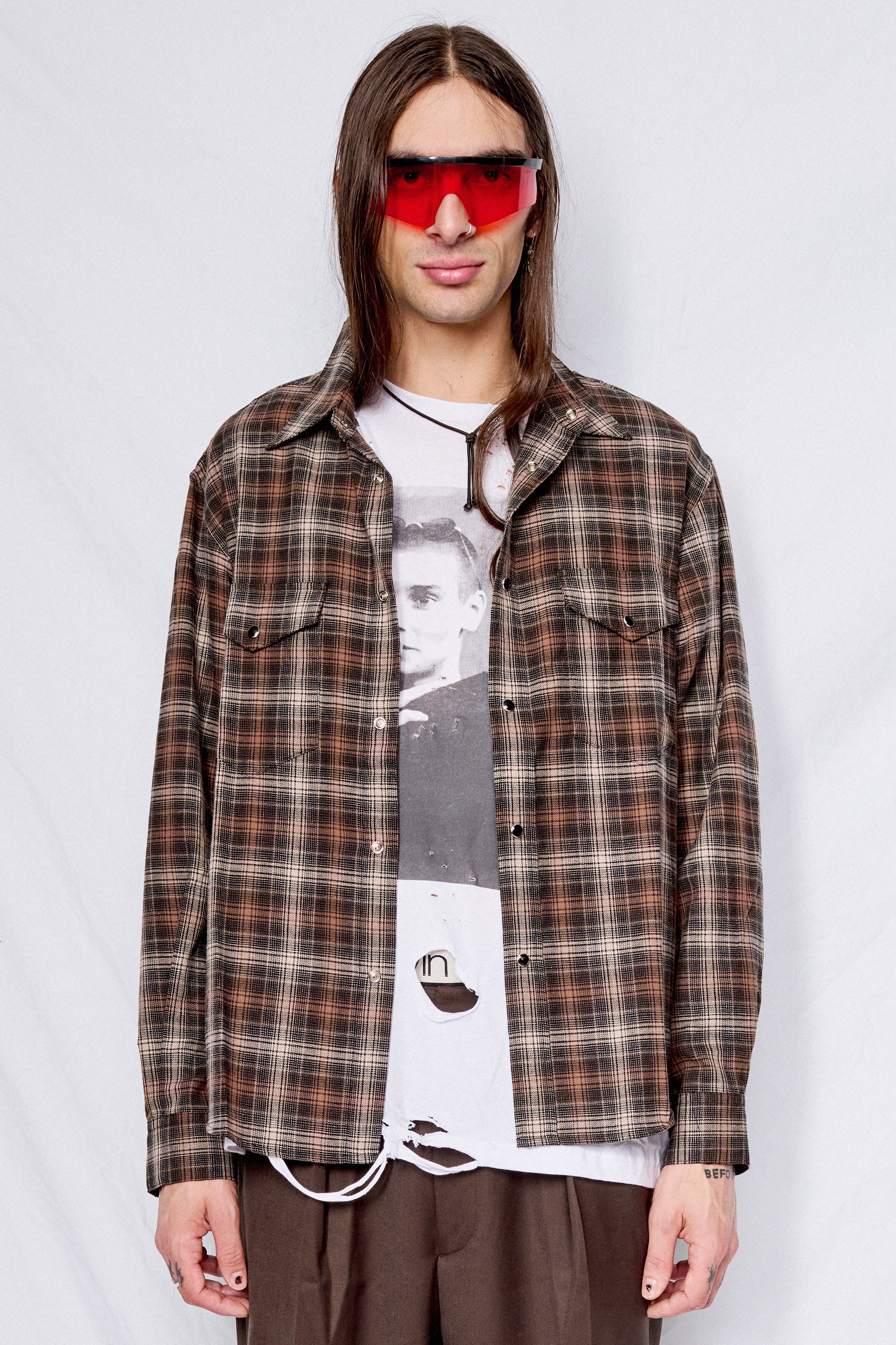 Brown Brushed Cotton Double Pocket Check Shirt