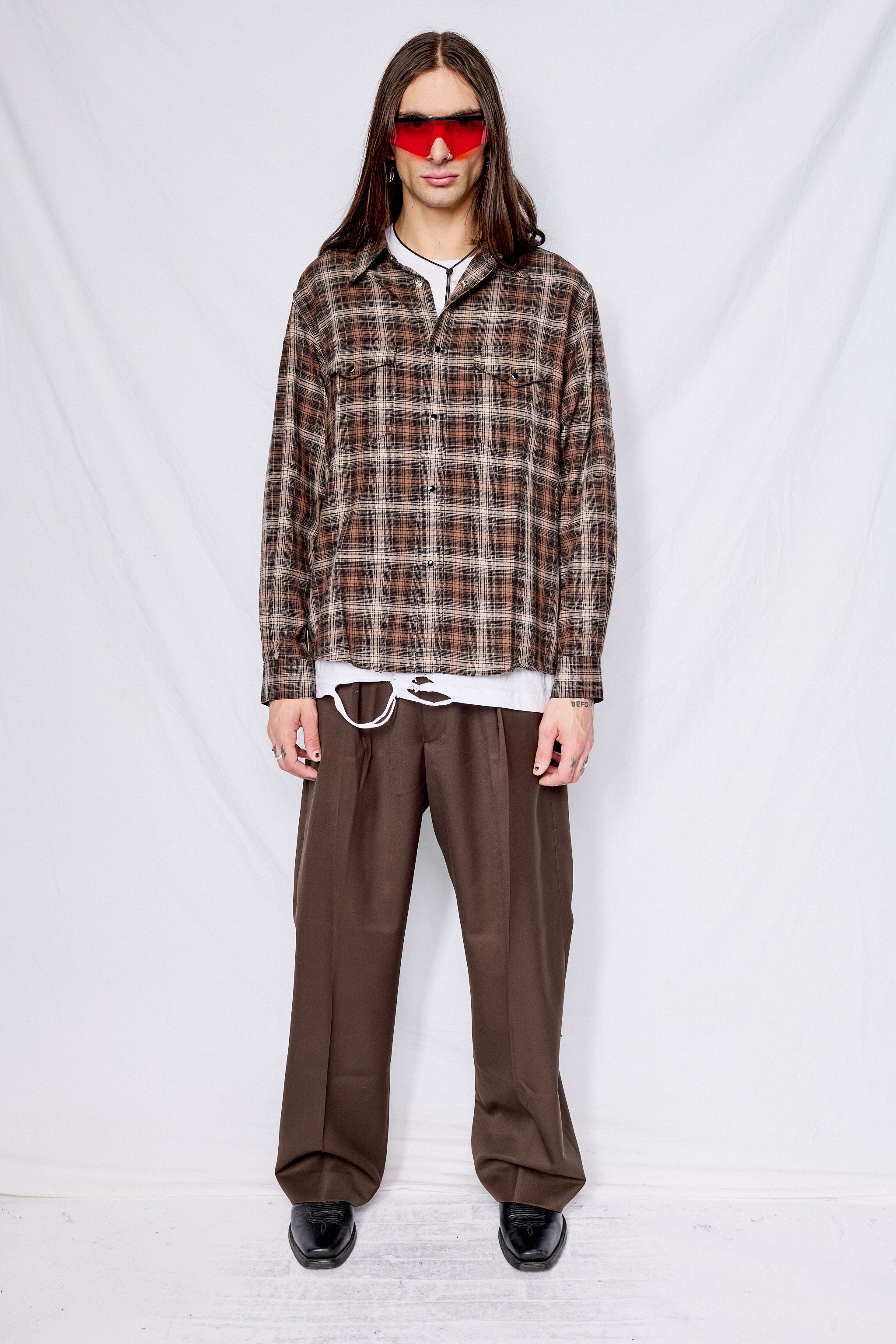 Brown Brushed Cotton Double Pocket Check Shirt