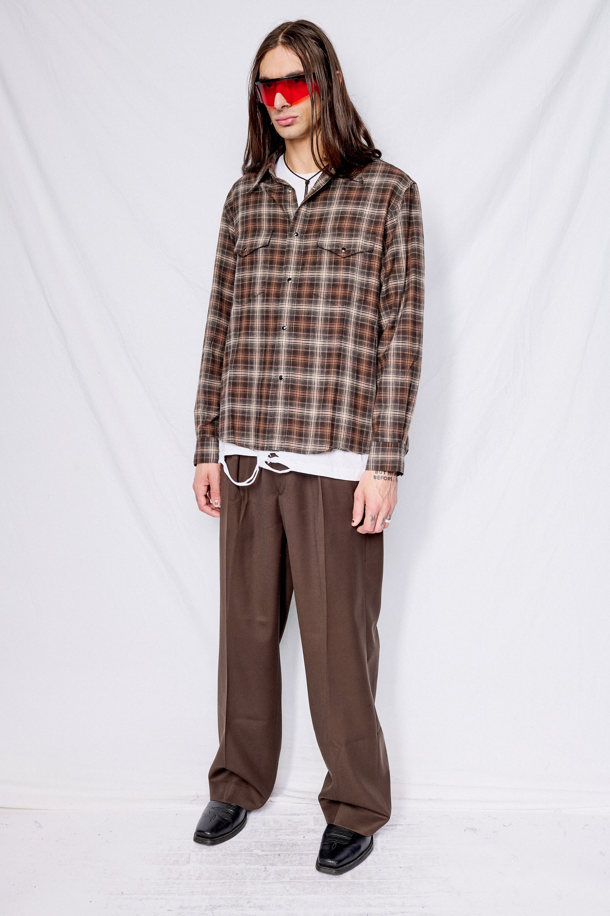 Brown Brushed Cotton Double Pocket Check Shirt