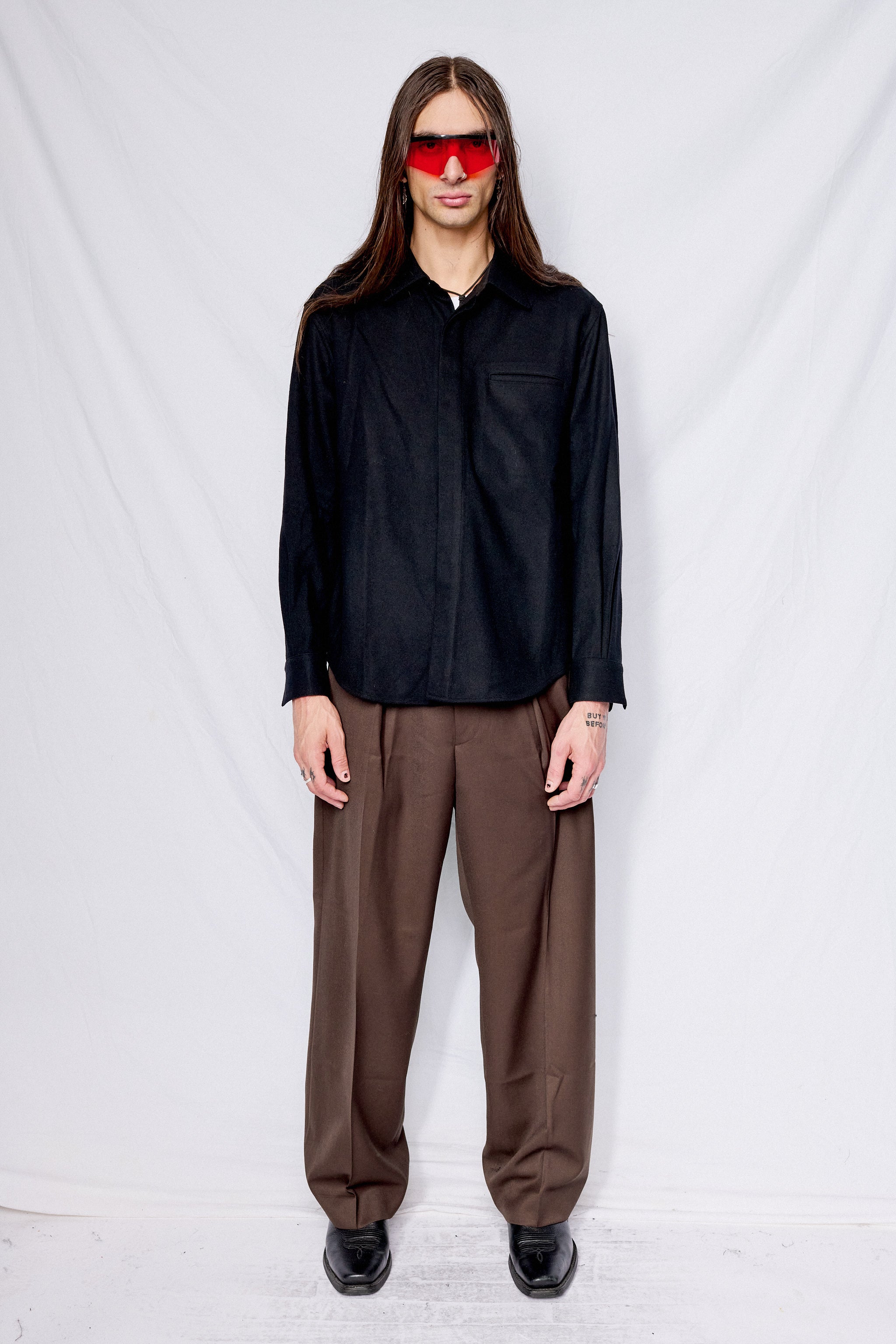 Black Virgin Wool Hidden Placket Shirt