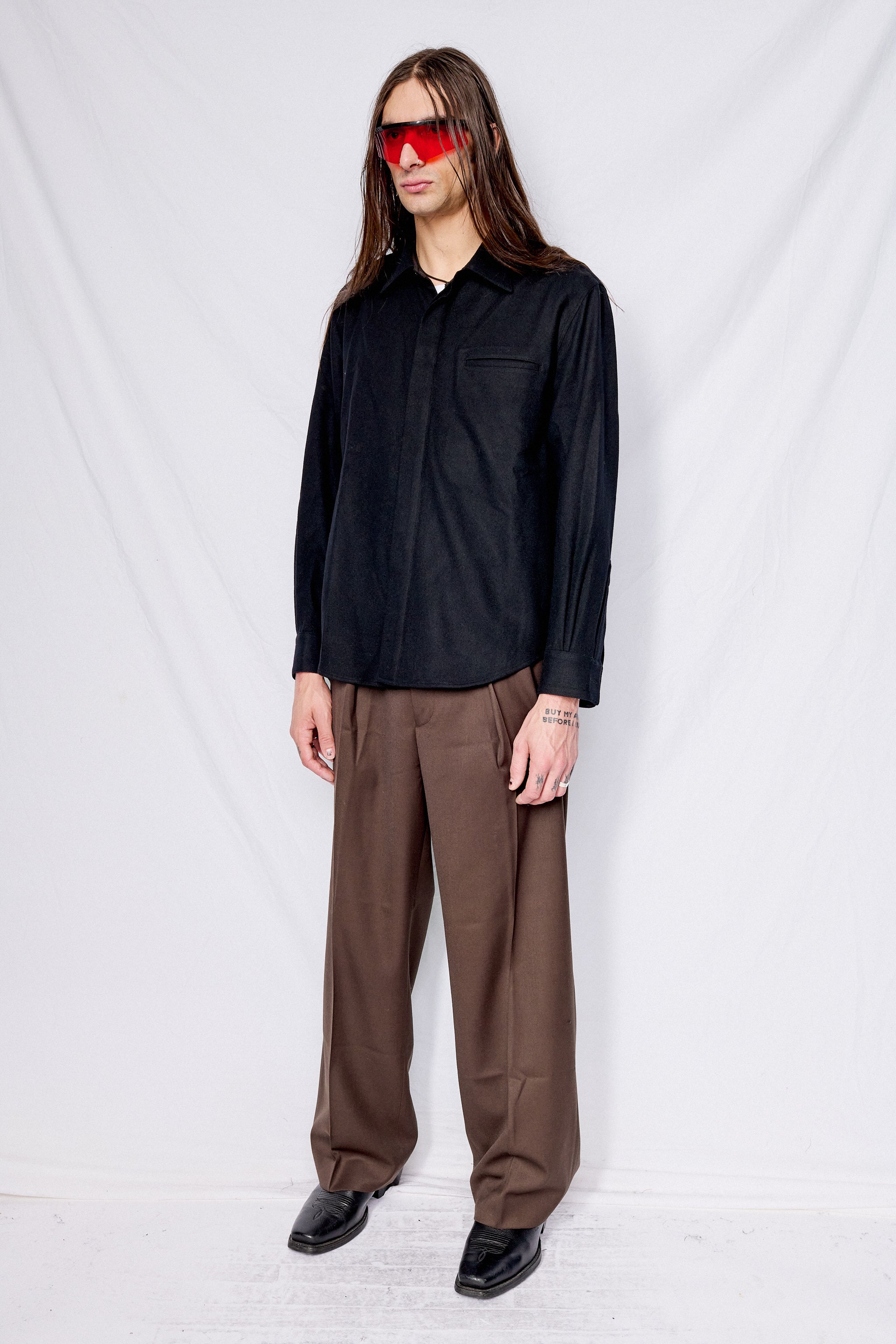 Black Virgin Wool Hidden Placket Shirt