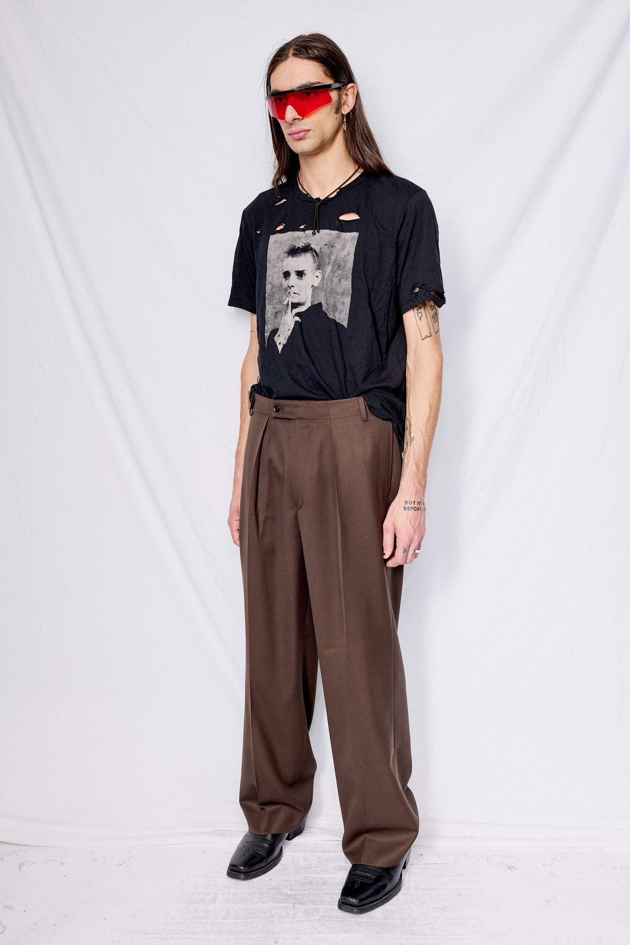 Brown Wool Twill Pleated Wide Trousers