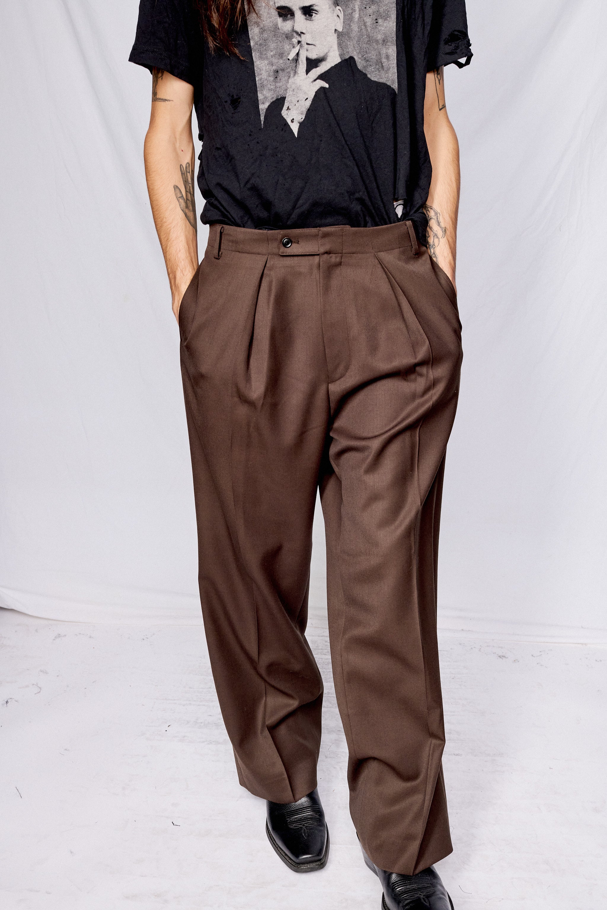 Brown Wool Twill Pleated Wide Trousers