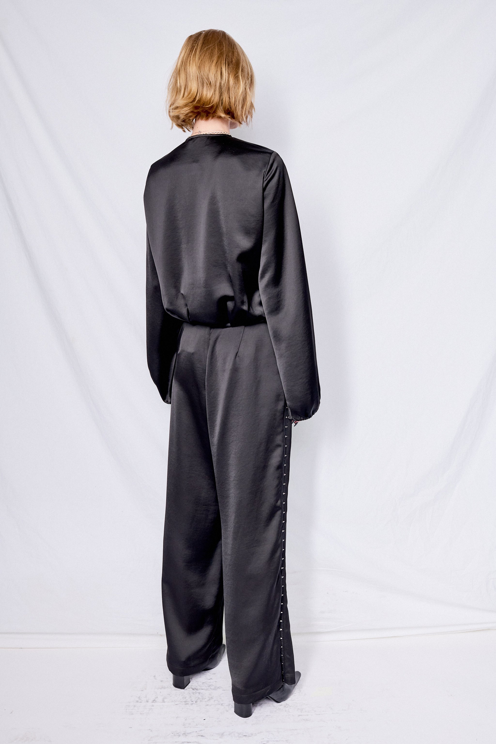 Black Satin Hook Side Clean Pant