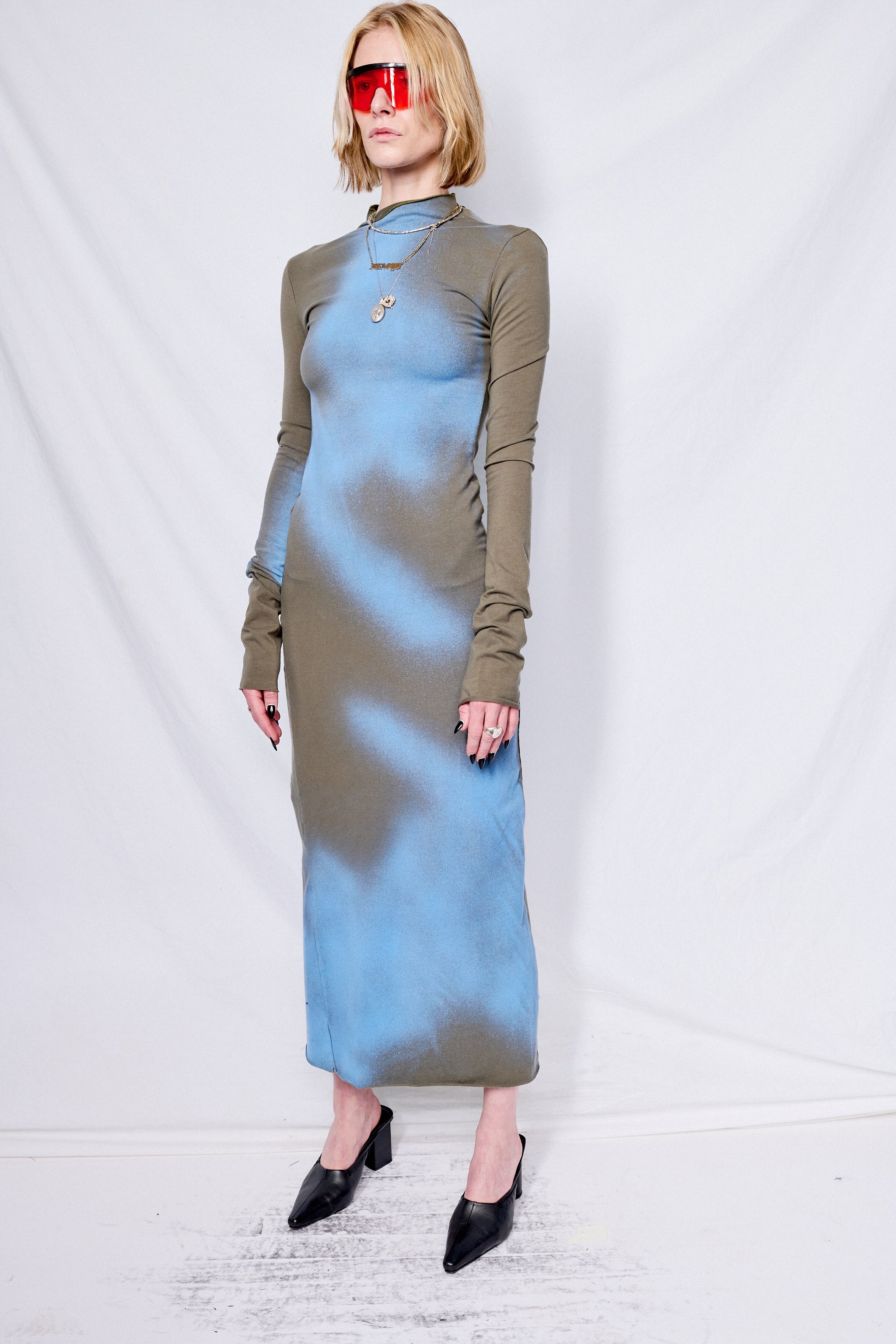 Green/Blue Airbrush Cotton Long Sleeve Mockneck Dress