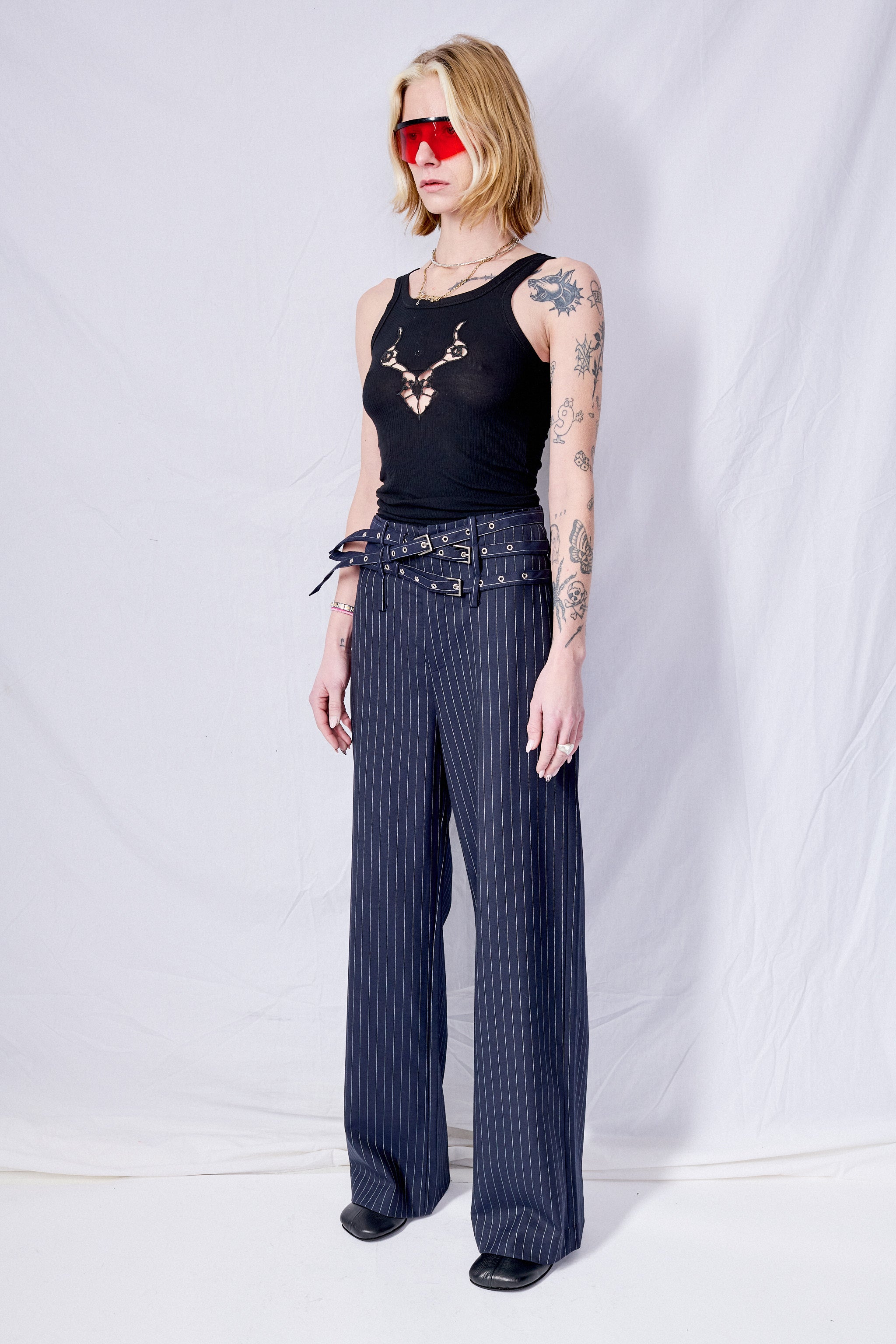 Navy Pinstripe Triple Belt Loop Trouser