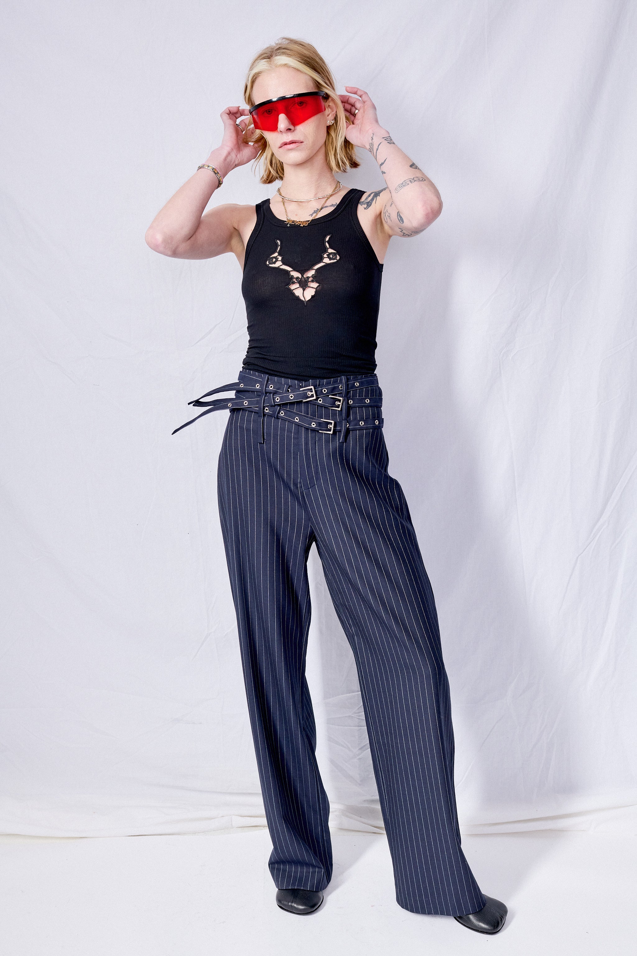 Navy Pinstripe Triple Belt Loop Trouser