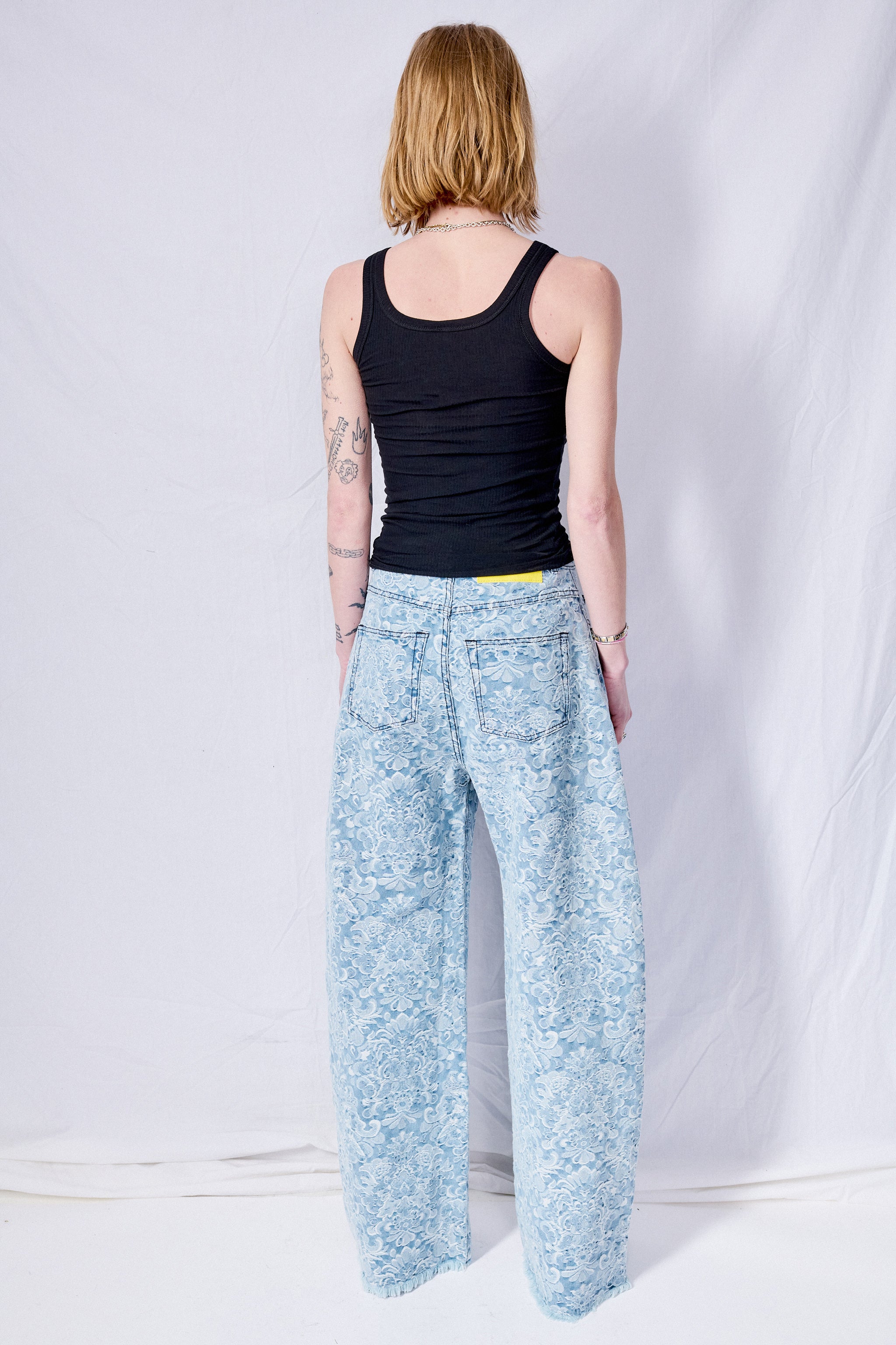 Light Blue Brocade Denim Boyfriend Trousers