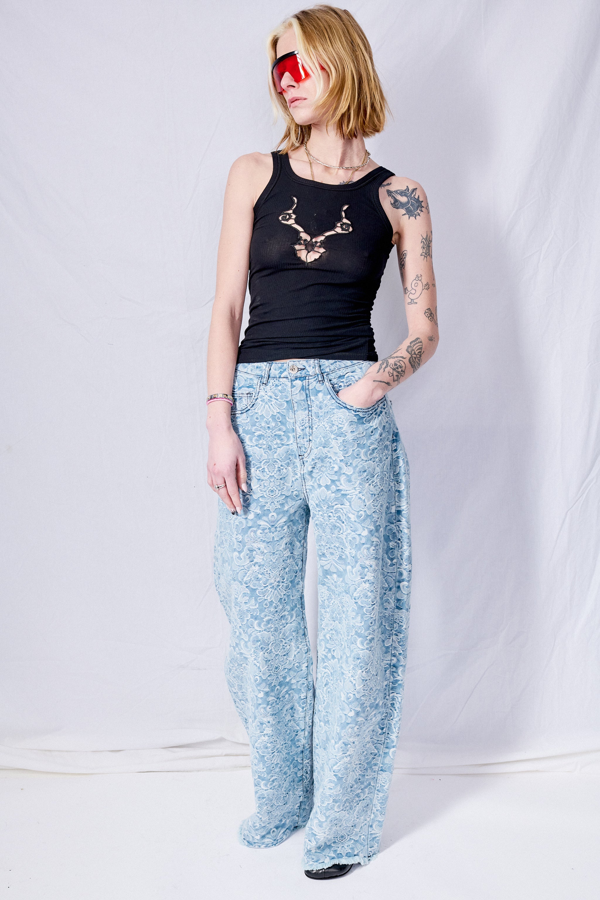 Light Blue Brocade Denim Boyfriend Trousers