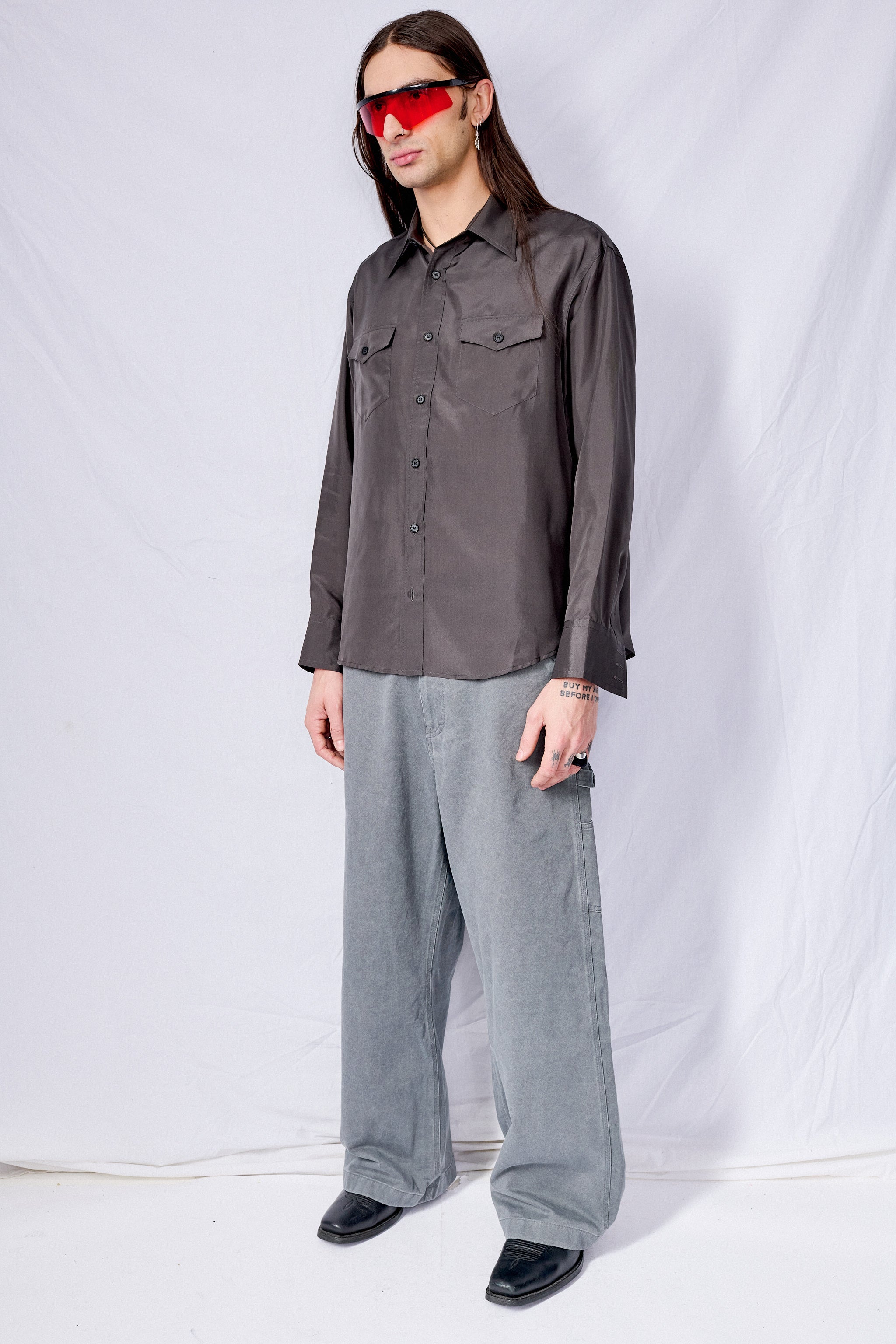 Olive Charcoal Silk Double Pockets Shirt