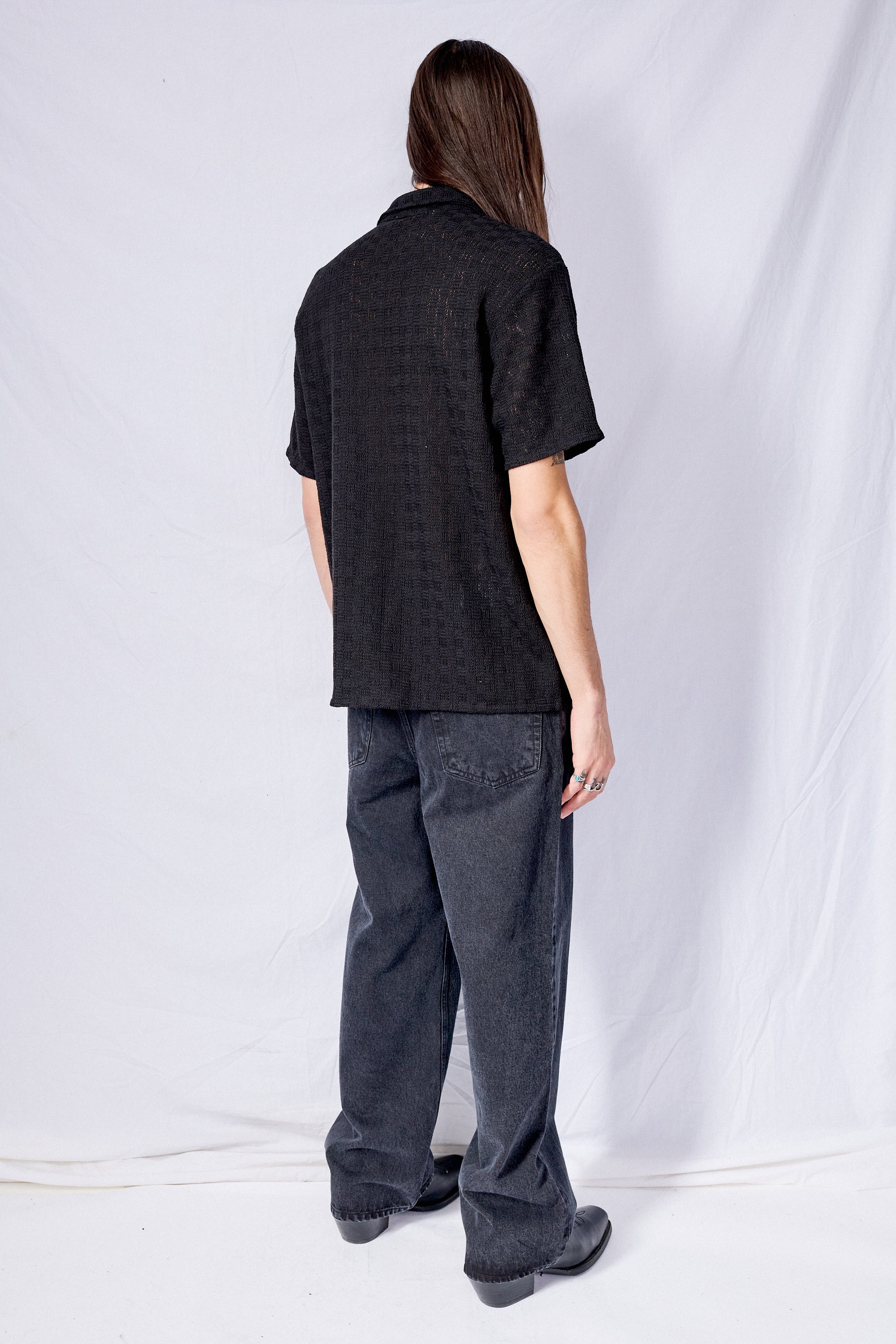 Black Square Open Collared Crochet Shirt