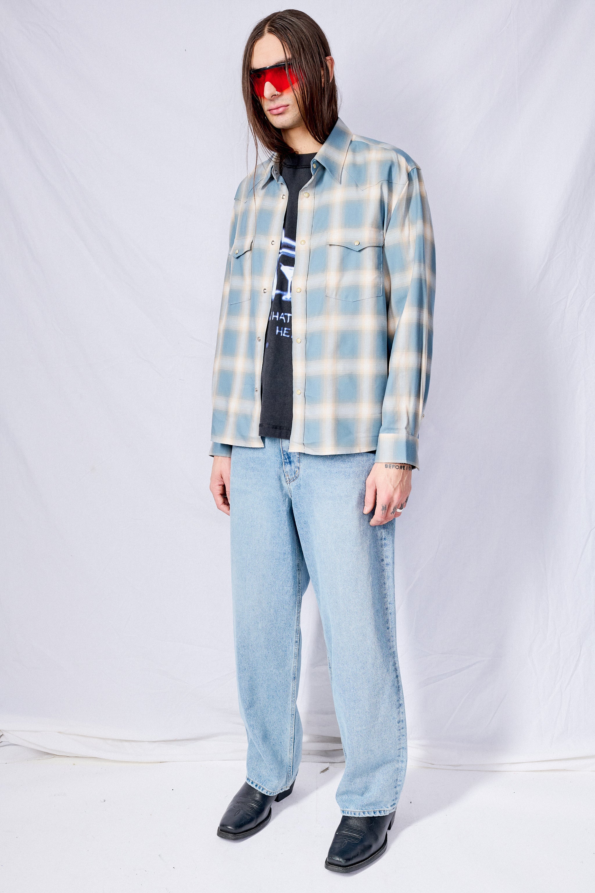 Sky Blue Checked Cotton Modal Western Shirt