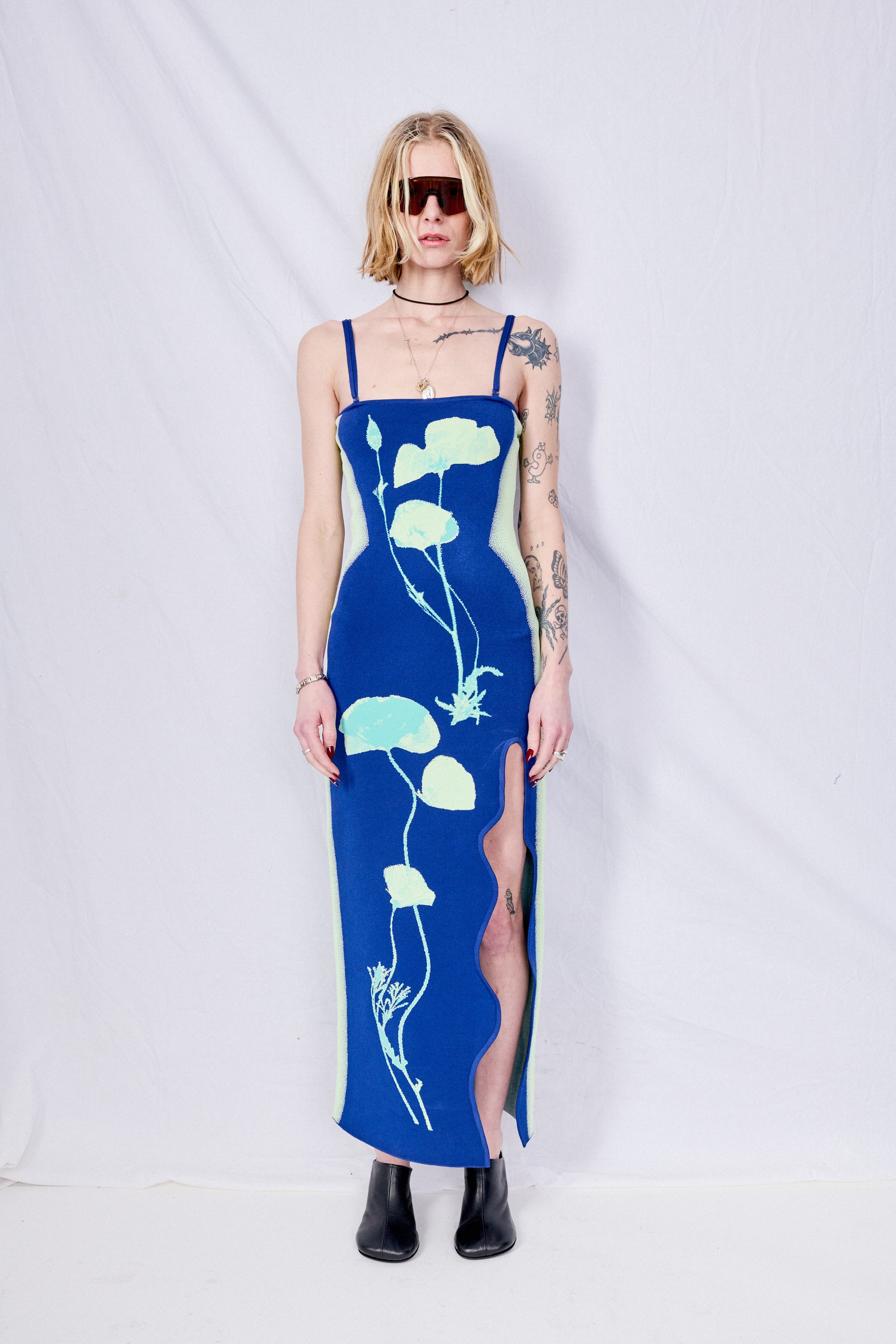 Midnight Navy Iris Flower Print Maxi Tank Dress