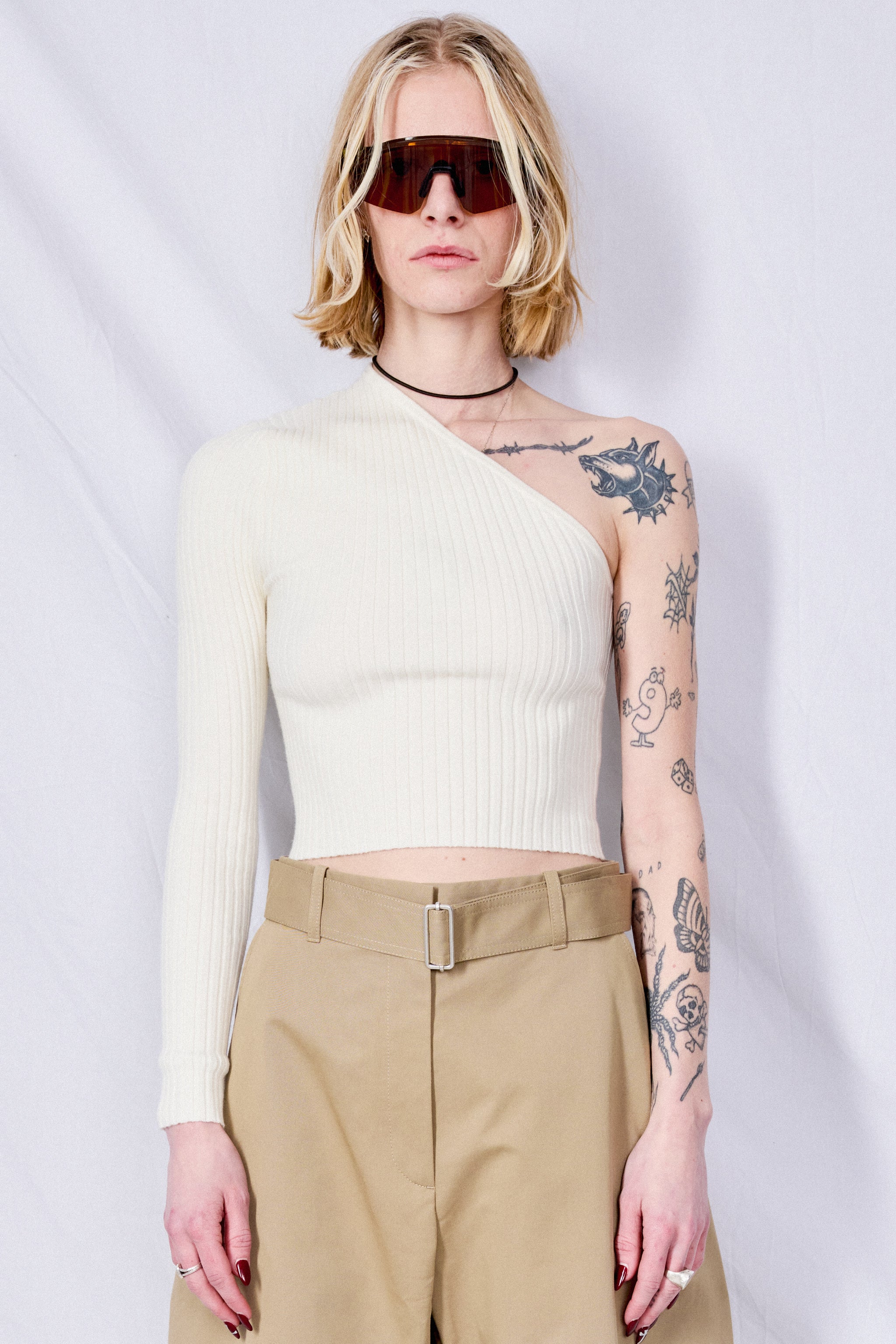 Ivory Shrunken Ribbed One Shoulder Top