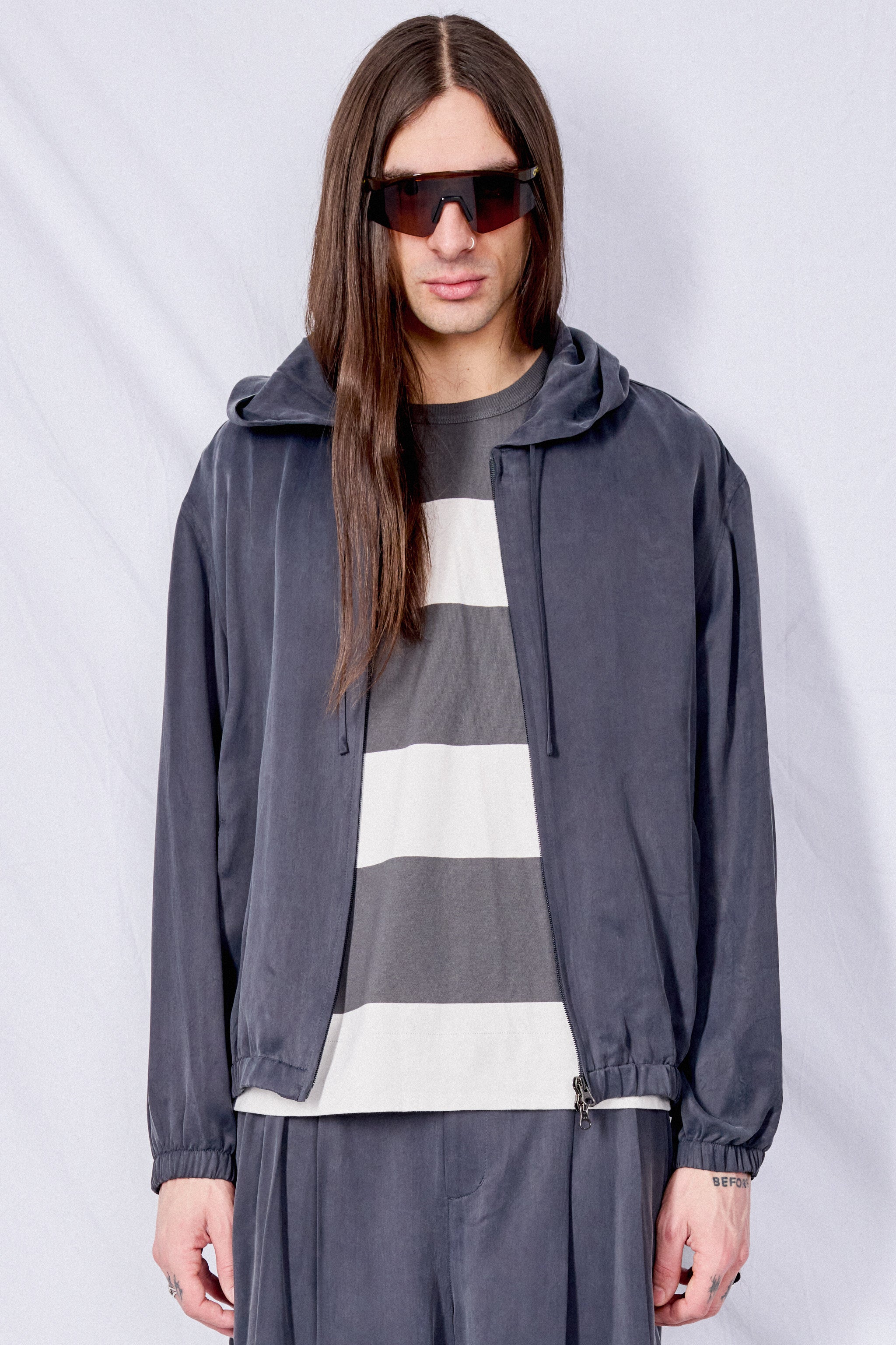 Charcoal Cupro Hood Zip Up Jumper